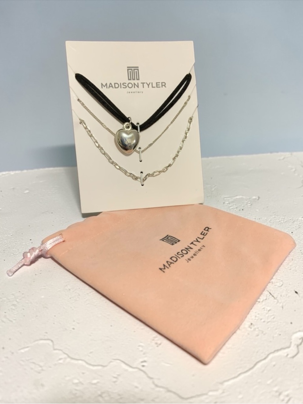 Madison Tyler Silver Heart Layered Necklace with Black Cord 3 Necklaces New